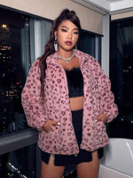 Elegant Leopard Print Faux Fur Jacket for Women - Polyester Adult Autumn/Winter Coat with Zipper Closure SS69