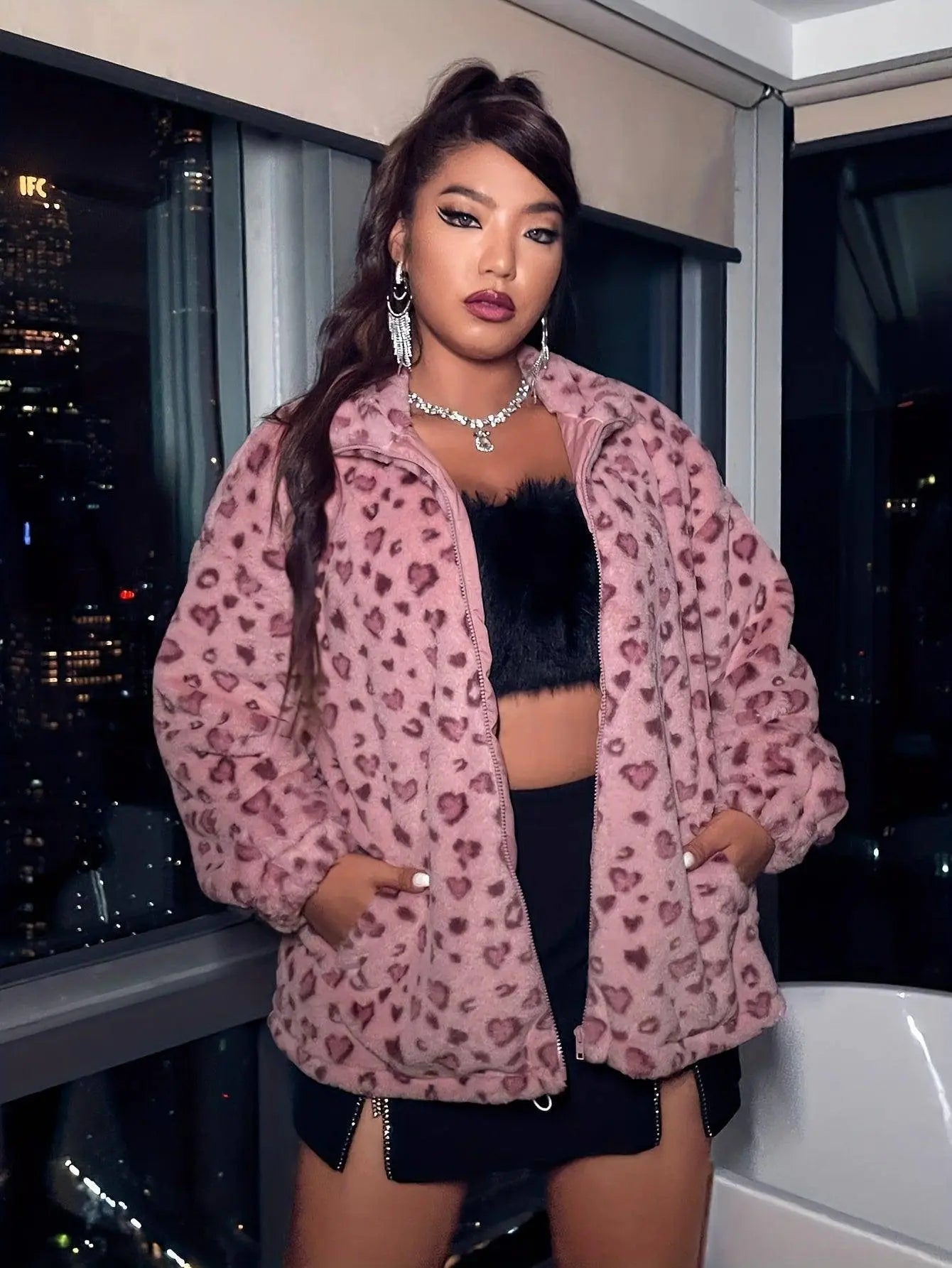 Elegant Leopard Print Faux Fur Jacket for Women - Polyester Adult Autumn/Winter Coat with Zipper Closure SS69