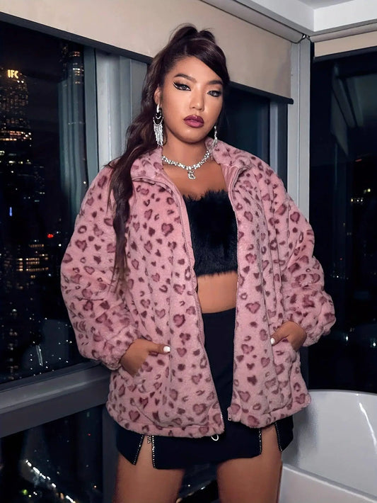 Elegant Leopard Print Faux Fur Jacket for Women - Polyester Adult Autumn/Winter Coat with Zipper Closure SS69