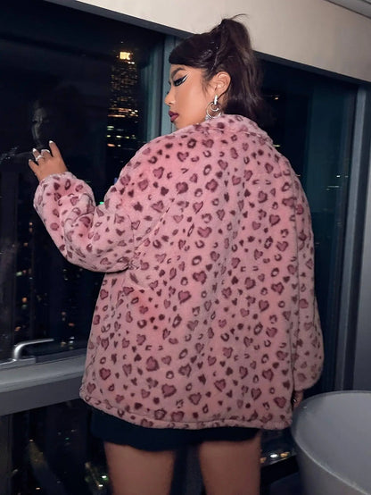 Elegant Leopard Print Faux Fur Jacket for Women - Polyester Adult Autumn/Winter Coat with Zipper Closure SS69