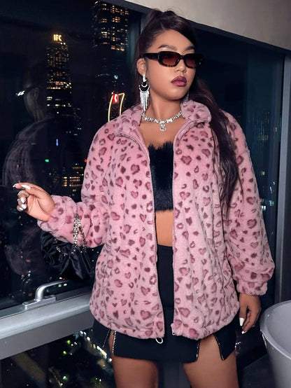 Elegant Leopard Print Faux Fur Jacket for Women - Polyester Adult Autumn/Winter Coat with Zipper Closure SS69