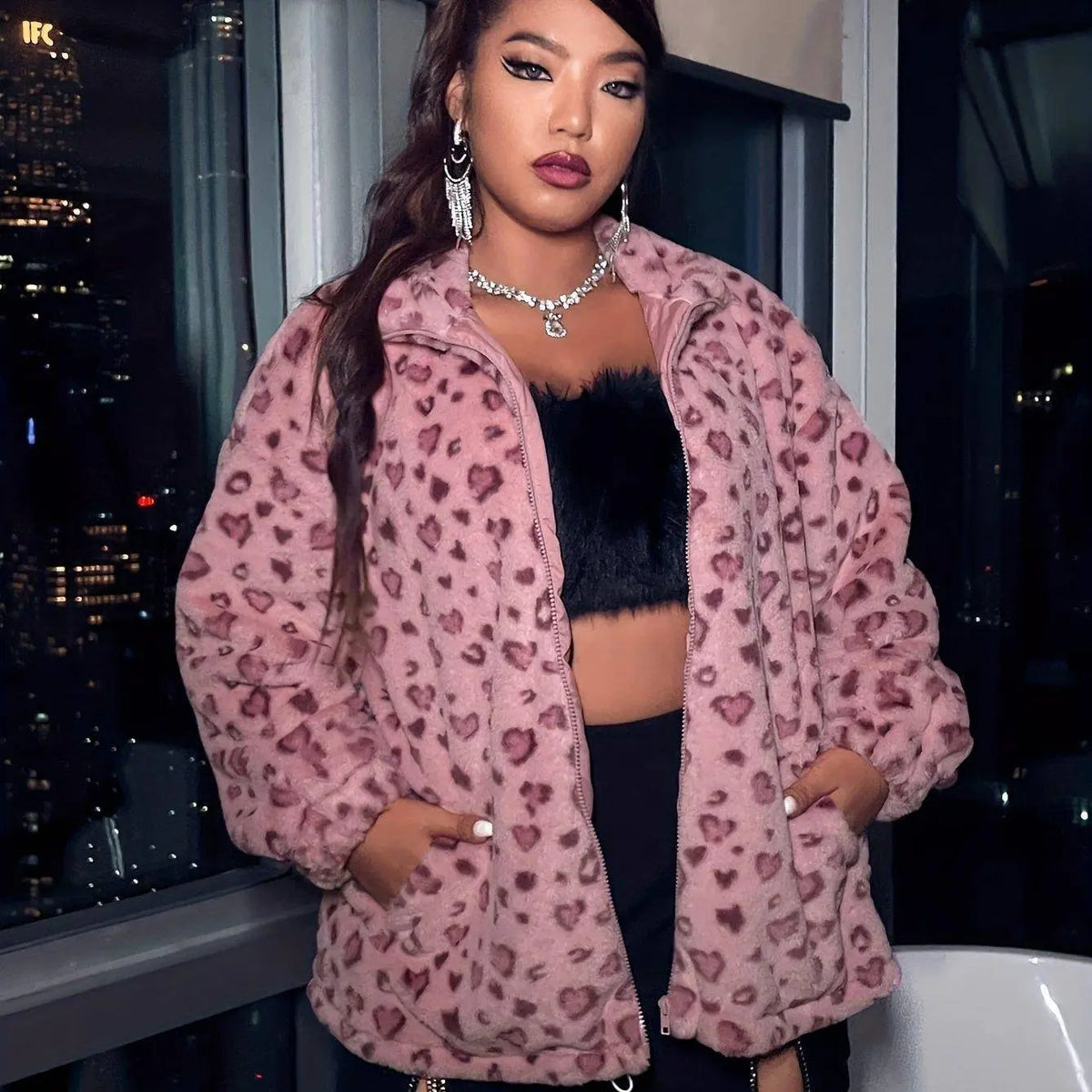 Elegant Leopard Print Faux Fur Jacket for Women - Polyester Adult Autumn/Winter Coat with Zipper Closure SS69