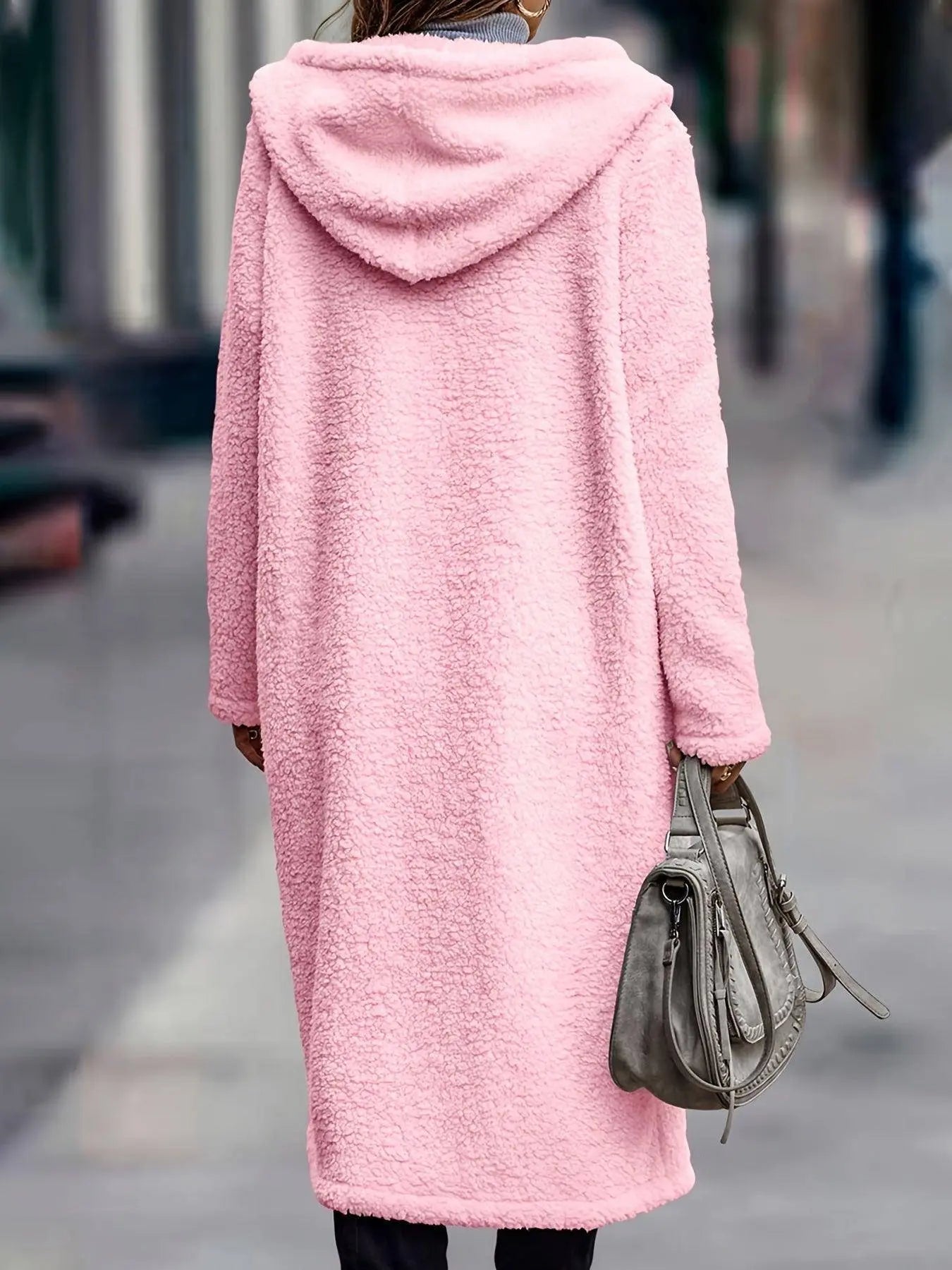 Elegant Long-Length Faux Fur Coat with Hood, Polyester 100%, Solid Color, Slight Stretch, Knit Fabric, Regular Sleeve, with Pockets, 180g Filling, for Women, Fall/Winter Collection SS69