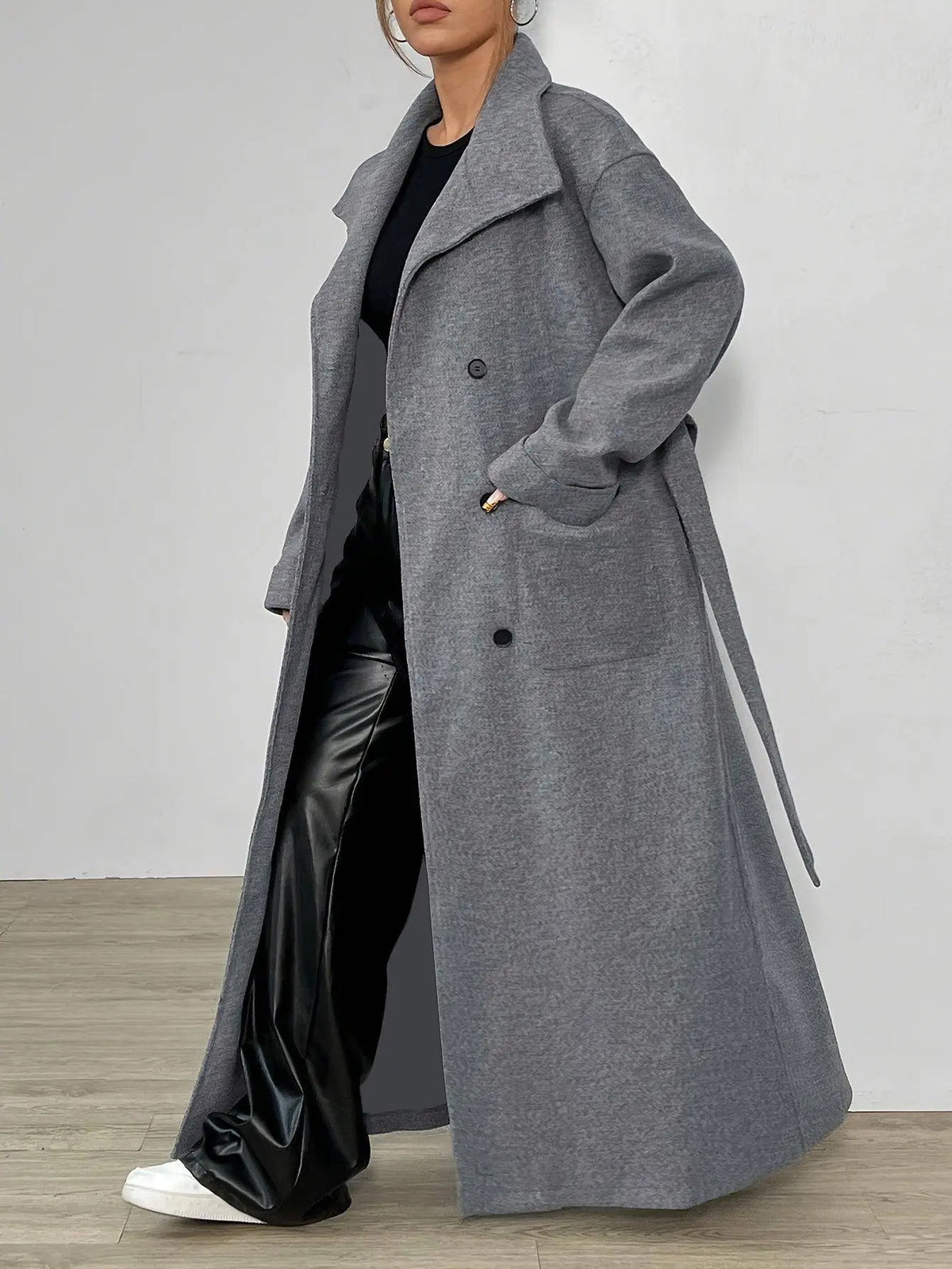 Elegant Solid Color Women's Long Sleeve Coat - Casual Polyester Outerwear with Tie-Waist Detail, Machine Washable, Non-Sheer for Fall/Winter SS69