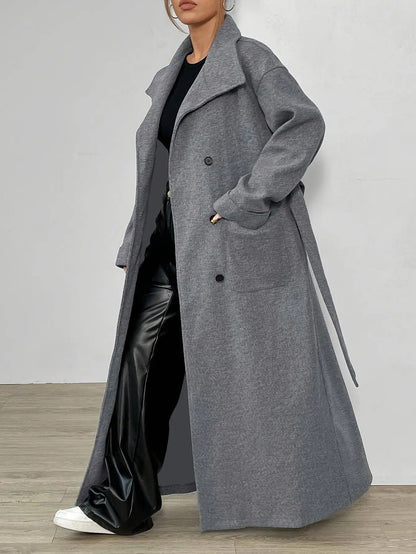 Elegant Solid Color Women's Long Sleeve Coat - Casual Polyester Outerwear with Tie-Waist Detail, Machine Washable, Non-Sheer for Fall/Winter SS69