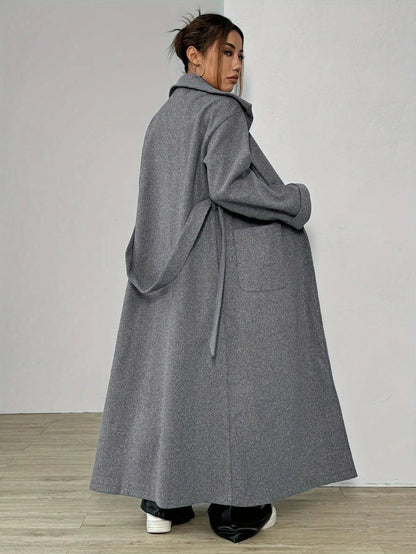 Elegant Solid Color Women's Long Sleeve Coat - Casual Polyester Outerwear with Tie-Waist Detail, Machine Washable, Non-Sheer for Fall/Winter SS69
