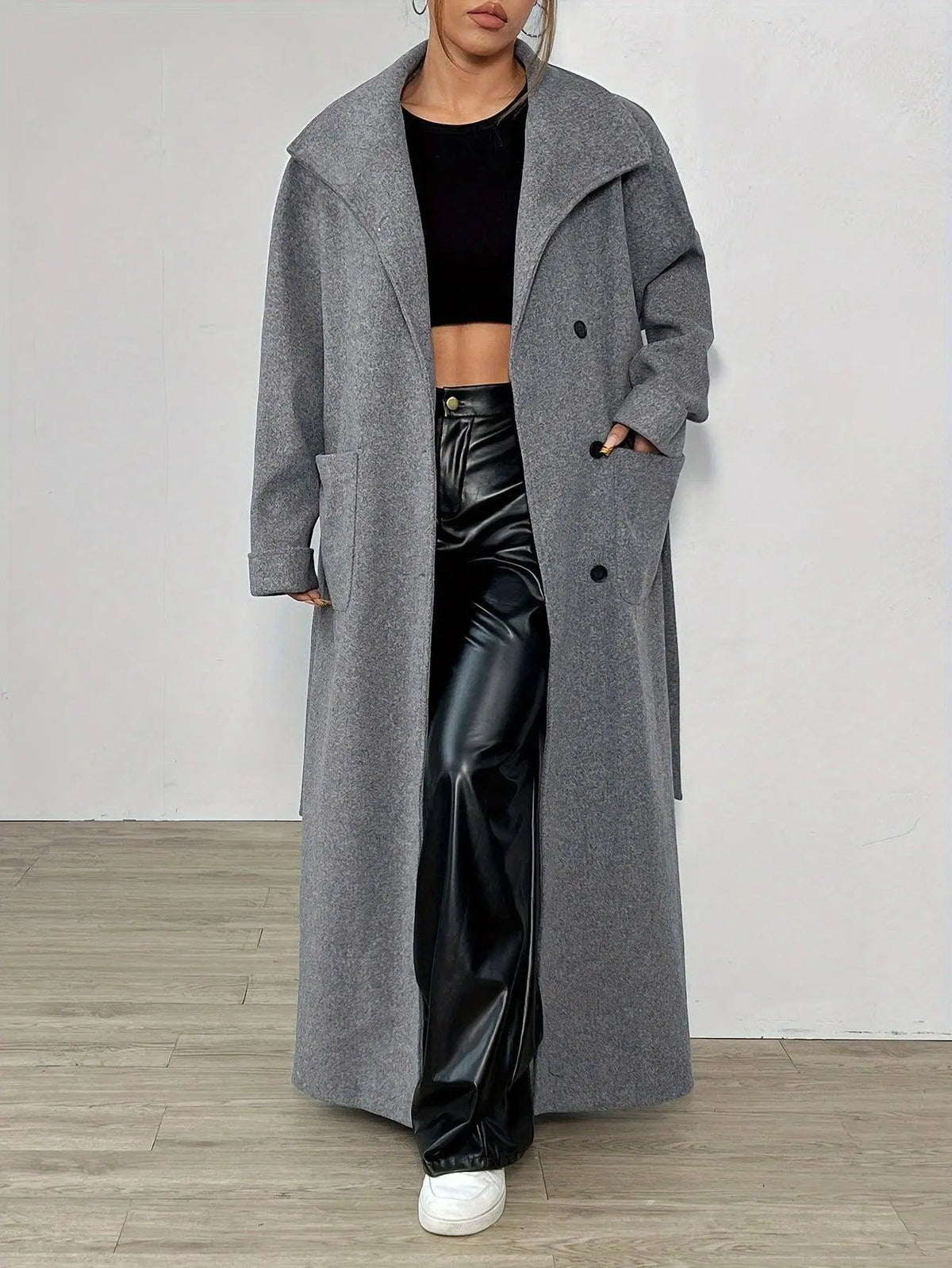 Elegant Solid Color Women's Long Sleeve Coat - Casual Polyester Outerwear with Tie-Waist Detail, Machine Washable, Non-Sheer for Fall/Winter SS69