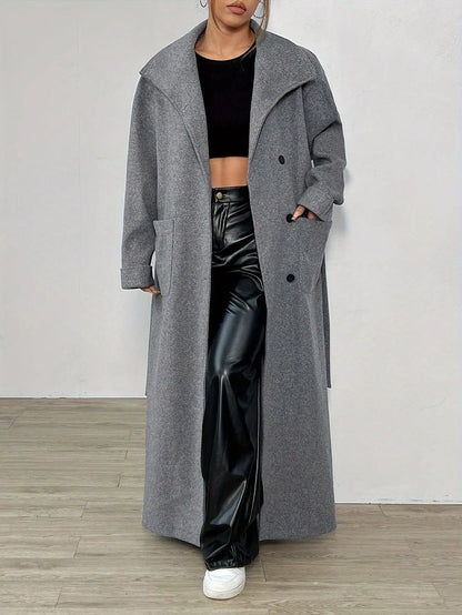 Elegant Solid Color Women's Long Sleeve Coat - Casual Polyester Outerwear with Tie-Waist Detail, Machine Washable, Non-Sheer for Fall/Winter SS69