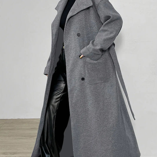 Elegant Solid Color Women's Long Sleeve Coat - Casual Polyester Outerwear with Tie-Waist Detail, Machine Washable, Non-Sheer for Fall/Winter SS69