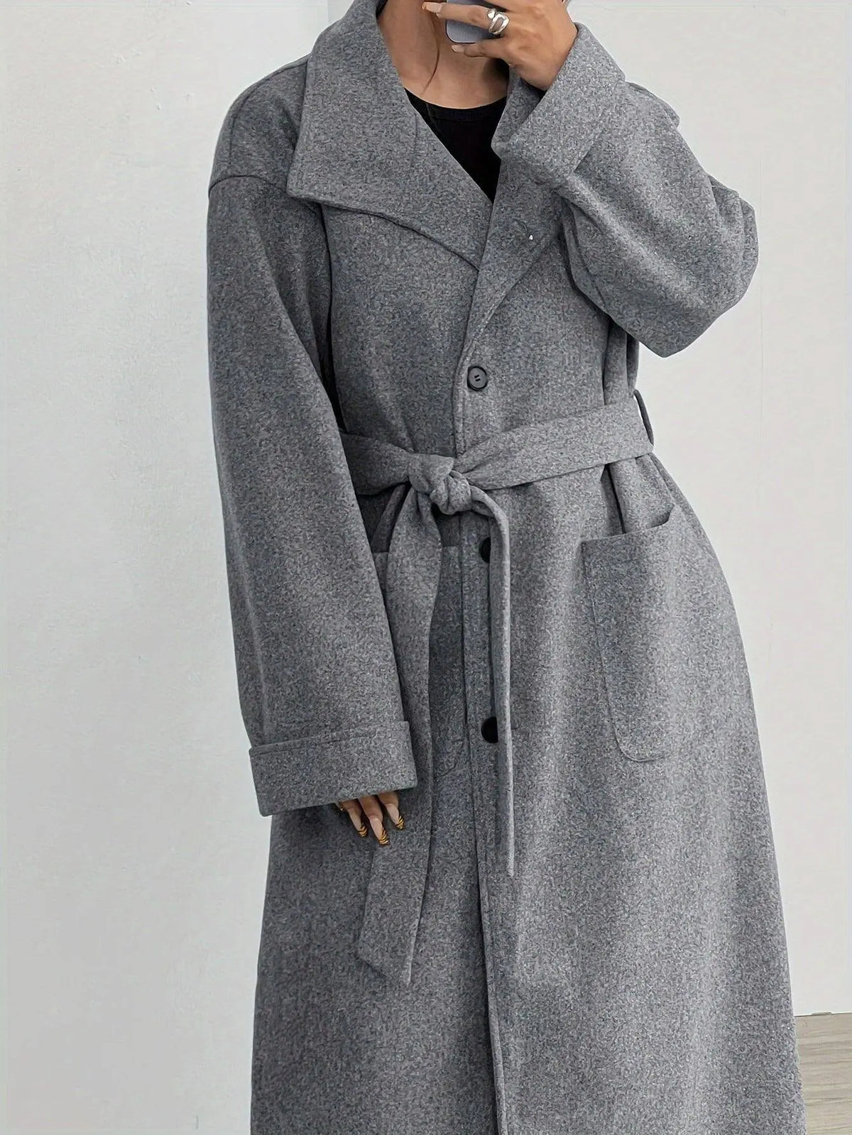 Elegant Solid Color Women's Long Sleeve Coat - Casual Polyester Outerwear with Tie-Waist Detail, Machine Washable, Non-Sheer for Fall/Winter SS69