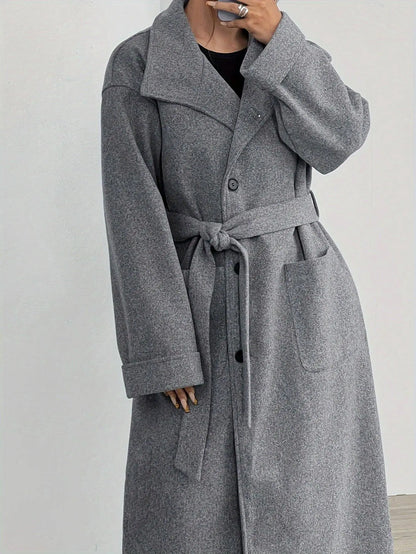 Elegant Solid Color Women's Long Sleeve Coat - Casual Polyester Outerwear with Tie-Waist Detail, Machine Washable, Non-Sheer for Fall/Winter SS69