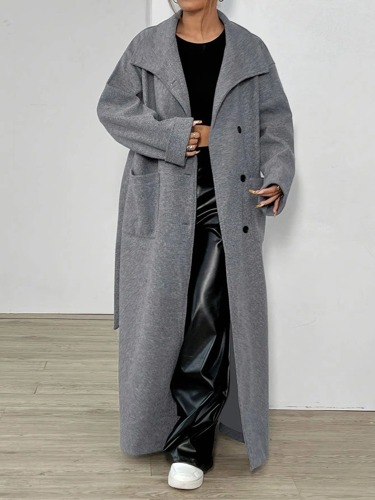 Elegant Solid Color Women's Long Sleeve Coat - Casual Polyester Outerwear with Tie-Waist Detail, Machine Washable, Non-Sheer for Fall/Winter SS69