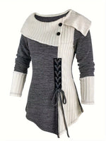 Elegant Women's Long Sleeve Knit Top - Solid Color, Asymmetrical Hem with Button Detail, Stretch Fabric, Machine Washable SS69