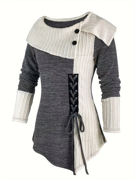 Elegant Women's Long Sleeve Knit Top - Solid Color, Asymmetrical Hem with Button Detail, Stretch Fabric, Machine Washable SS69