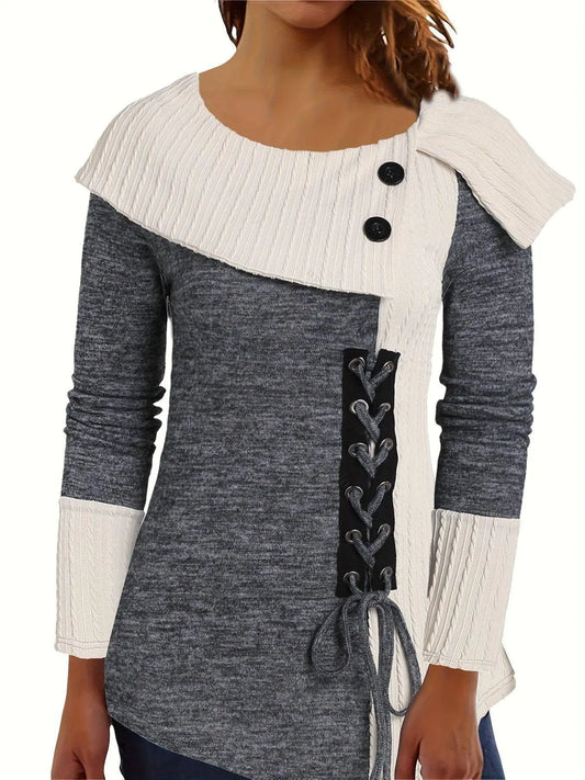 Elegant Women's Long Sleeve Knit Top - Solid Color, Asymmetrical Hem with Button Detail, Stretch Fabric, Machine Washable SS69