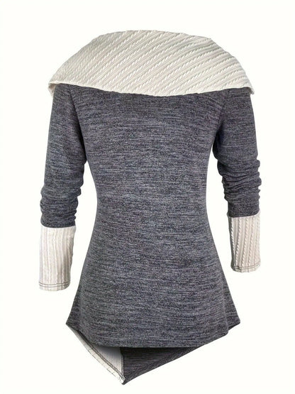 Elegant Women's Long Sleeve Knit Top - Solid Color, Asymmetrical Hem with Button Detail, Stretch Fabric, Machine Washable SS69
