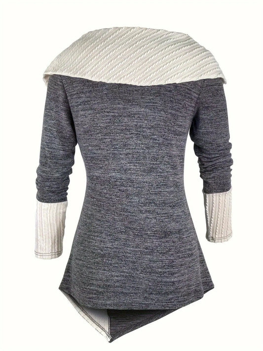 Elegant Women's Long Sleeve Knit Top - Solid Color, Asymmetrical Hem with Button Detail, Stretch Fabric, Machine Washable SS69