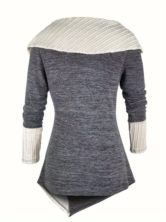 Elegant Women's Long Sleeve Knit Top - Solid Color, Asymmetrical Hem with Button Detail, Stretch Fabric, Machine Washable SS69