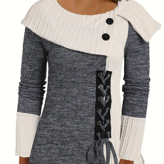 Elegant Women's Long Sleeve Knit Top - Solid Color, Asymmetrical Hem with Button Detail, Stretch Fabric, Machine Washable SS69 21.69 grey / XXL(50)