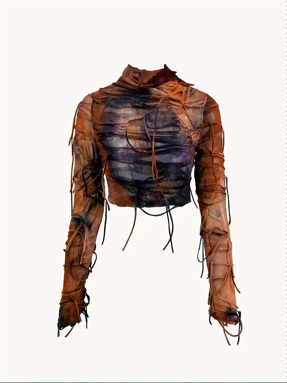 Elegant Women's Striped Tulle Top with Tassel Details, Polyester Knit Fabric, All-Season Round Neck Crop Top with Medium Stretch - Fashionable Women's Apparel SS69