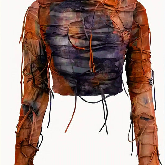 Elegant Women's Striped Tulle Top with Tassel Details, Polyester Knit Fabric, All-Season Round Neck Crop Top with Medium Stretch - Fashionable Women's Apparel SS69