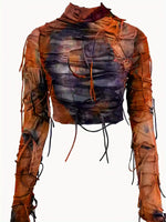 Elegant Women's Striped Tulle Top with Tassel Details, Polyester Knit Fabric, All-Season Round Neck Crop Top with Medium Stretch - Fashionable Women's Apparel SS69