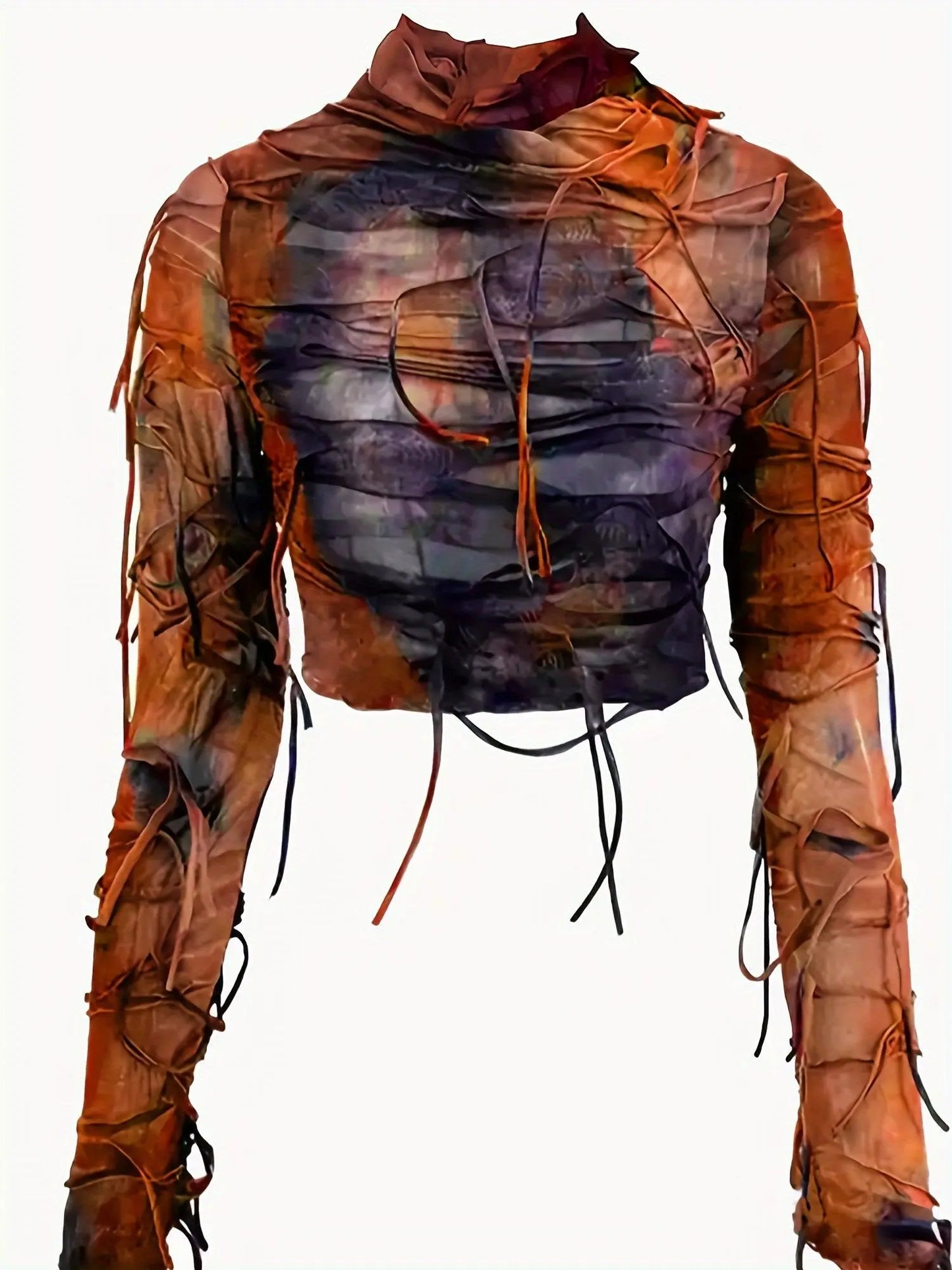 Elegant Women's Striped Tulle Top with Tassel Details, Polyester Knit Fabric, All-Season Round Neck Crop Top with Medium Stretch - Fashionable Women's Apparel SS69