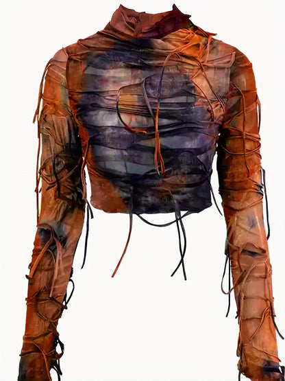 Elegant Women's Striped Tulle Top with Tassel Details, Polyester Knit Fabric, All-Season Round Neck Crop Top with Medium Stretch - Fashionable Women's Apparel SS69