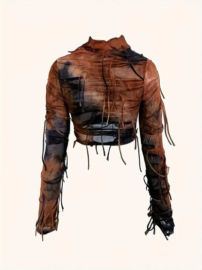 Elegant Women's Striped Tulle Top with Tassel Details, Polyester Knit Fabric, All-Season Round Neck Crop Top with Medium Stretch - Fashionable Women's Apparel SS69