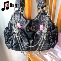 Europe America Vintage Women Girls punk Metal Chain Single Shoulder Underarm Bags Handbags Female PU Leather Large capacity tote SS69