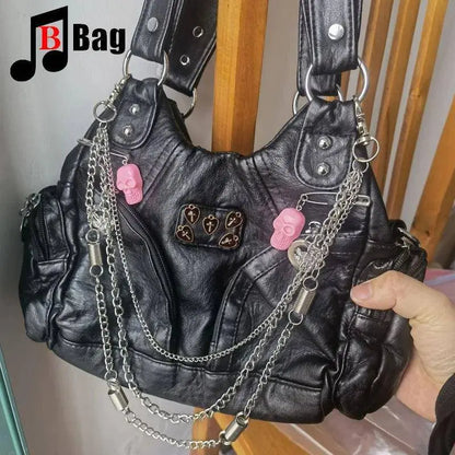 Europe America Vintage Women Girls punk Metal Chain Single Shoulder Underarm Bags Handbags Female PU Leather Large capacity tote SS69
