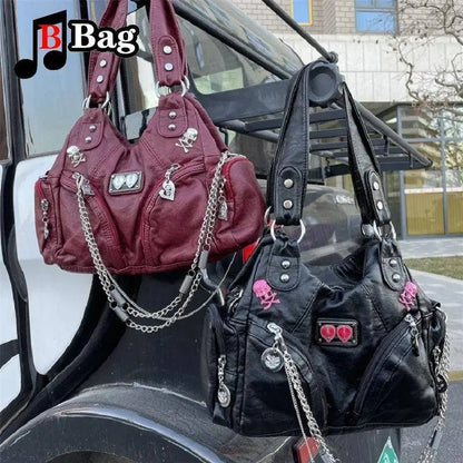 Europe America Vintage Women Girls punk Metal Chain Single Shoulder Underarm Bags Handbags Female PU Leather Large capacity tote SS69