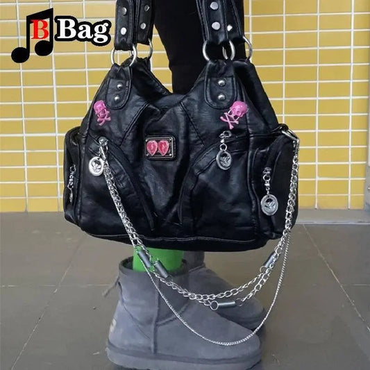 Europe America Vintage Women Girls punk Metal Chain Single Shoulder Underarm Bags Handbags Female PU Leather Large capacity tote SS69