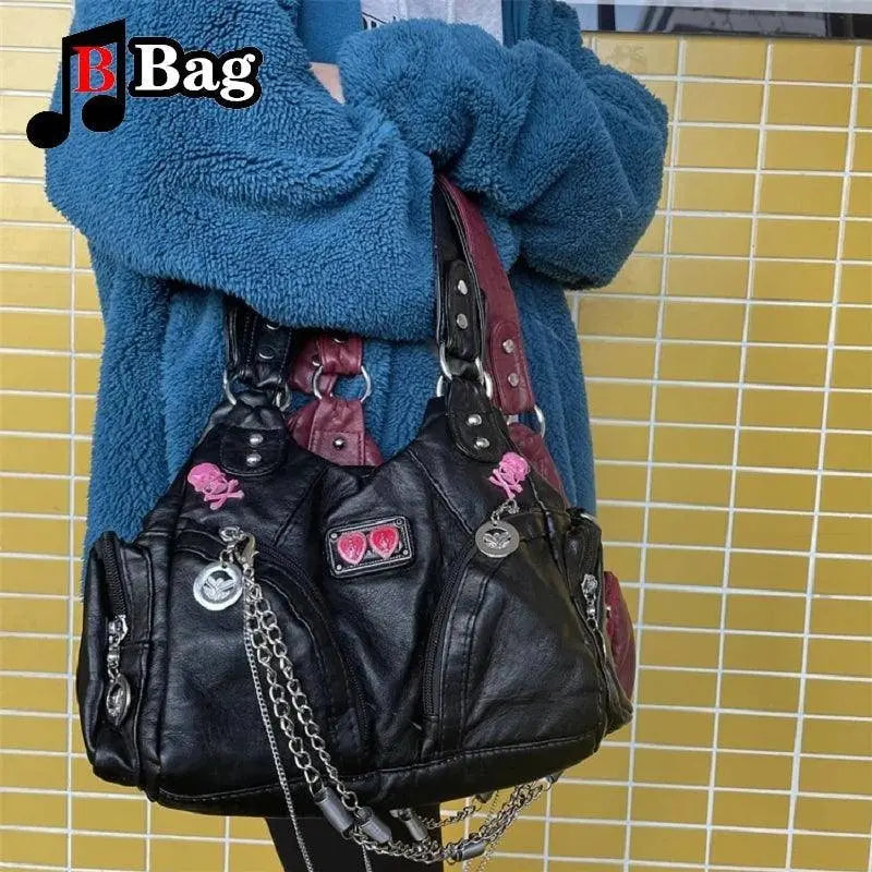 Europe America Vintage Women Girls punk Metal Chain Single Shoulder Underarm Bags Handbags Female PU Leather Large capacity tote SS69 43.69 black