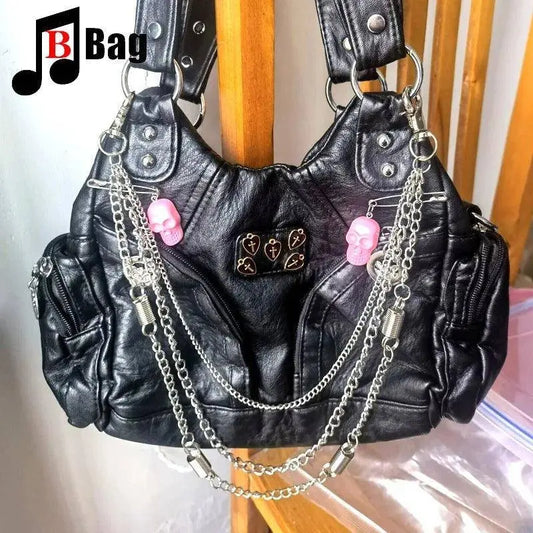 Europe America Vintage Women Girls punk Metal Chain Single Shoulder Underarm Bags Handbags Female PU Leather Large capacity tote SS69 43.69 new black