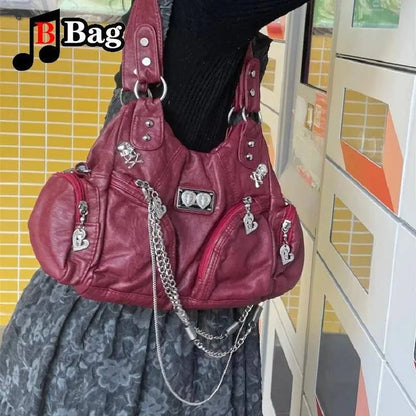 Europe America Vintage Women Girls punk Metal Chain Single Shoulder Underarm Bags Handbags Female PU Leather Large capacity tote SS69 43.69 red