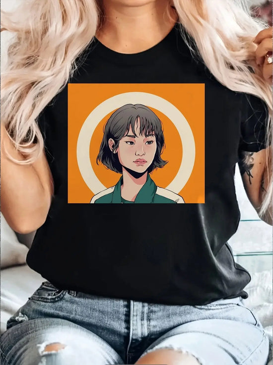 Everyday Comfort | Women's Casual Short Sleeve T-Shirt with Unique Korean Drama Print - Round Neck, Summer Top, Polyester Blend, Lightweight & Breathable Fabric, Perfect for Casual Attire, Ladies T Shirts SS69