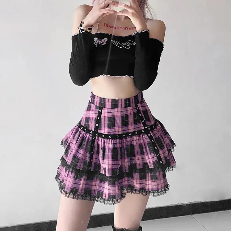 FICHOR Mall Goth Gothic Lace Ruffle Mini Skirts Womens Harajuku Fairy Grunge Pink Plaid Pleated Skirt Japanese Lolita Streetwear - SS69