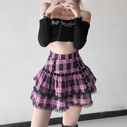 FICHOR Mall Goth Gothic Lace Ruffle Mini Skirts Womens Harajuku Fairy Grunge Pink Plaid Pleated Skirt Japanese Lolita Streetwear - SS69