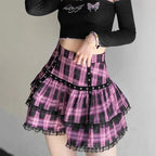 FICHOR Mall Goth Gothic Lace Ruffle Mini Skirts Womens Harajuku Fairy Grunge Pink Plaid Pleated Skirt Japanese Lolita Streetwear - SS69