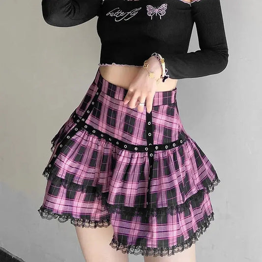 FICHOR Mall Goth Gothic Lace Ruffle Mini Skirts Womens Harajuku Fairy Grunge Pink Plaid Pleated Skirt Japanese Lolita Streetwear - SS69