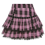 FICHOR Mall Goth Gothic Lace Ruffle Mini Skirts Womens Harajuku Fairy Grunge Pink Plaid Pleated Skirt Japanese Lolita Streetwear - SS69
