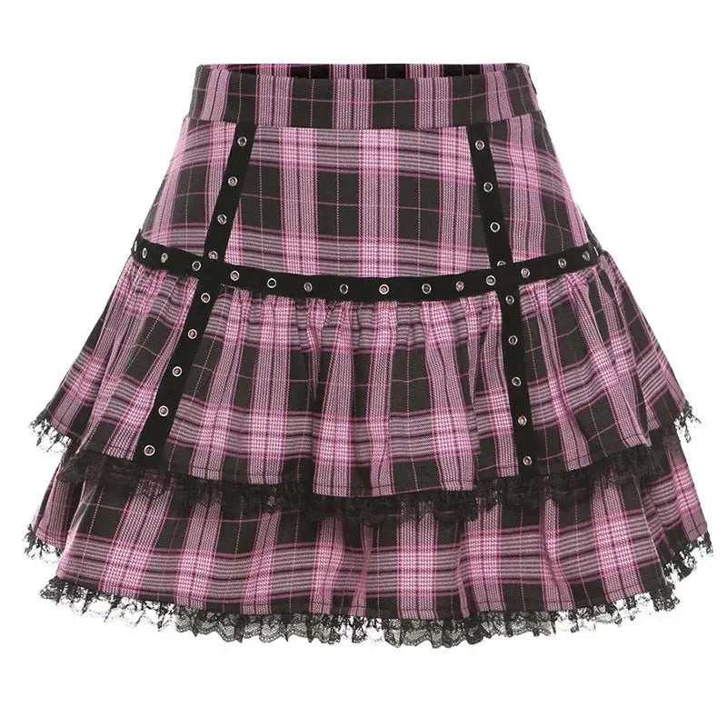 FICHOR Mall Goth Gothic Lace Ruffle Mini Skirts Womens Harajuku Fairy Grunge Pink Plaid Pleated Skirt Japanese Lolita Streetwear - SS69