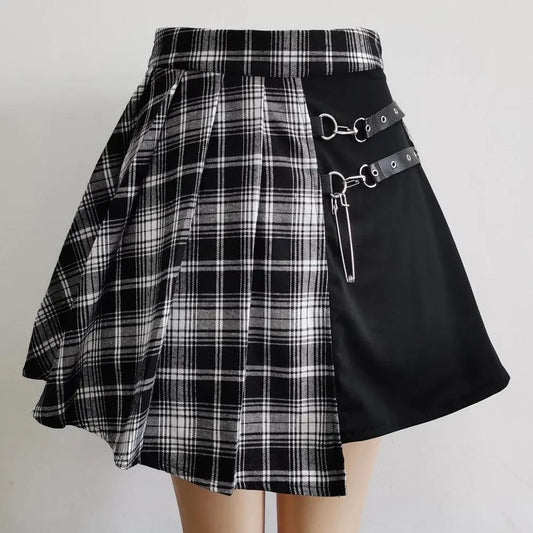 FICHOR Mall Goth Gothic Lace Ruffle Mini Skirts Womens Harajuku Fairy Grunge Pink Plaid Pleated Skirt Japanese Lolita Streetwear - SS69