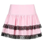 FICHOR Mall Goth Gothic Lace Ruffle Mini Skirts Womens Harajuku Fairy Grunge Pink Plaid Pleated Skirt Japanese Lolita Streetwear - SS69