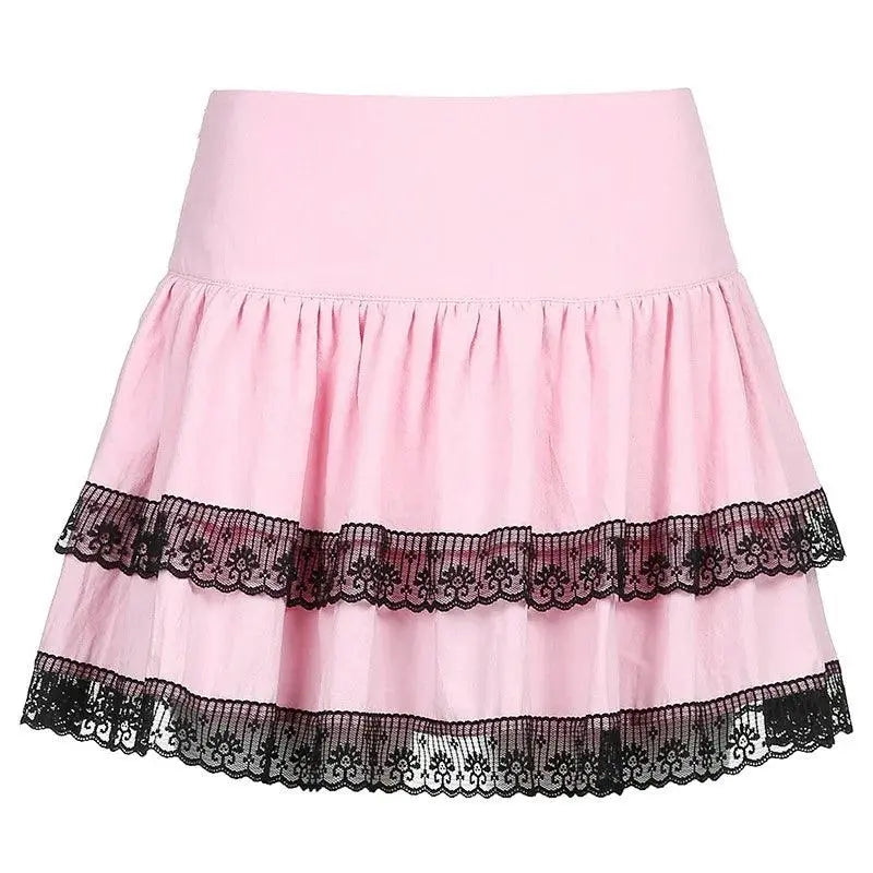 FICHOR Mall Goth Gothic Lace Ruffle Mini Skirts Womens Harajuku Fairy Grunge Pink Plaid Pleated Skirt Japanese Lolita Streetwear - SS69
