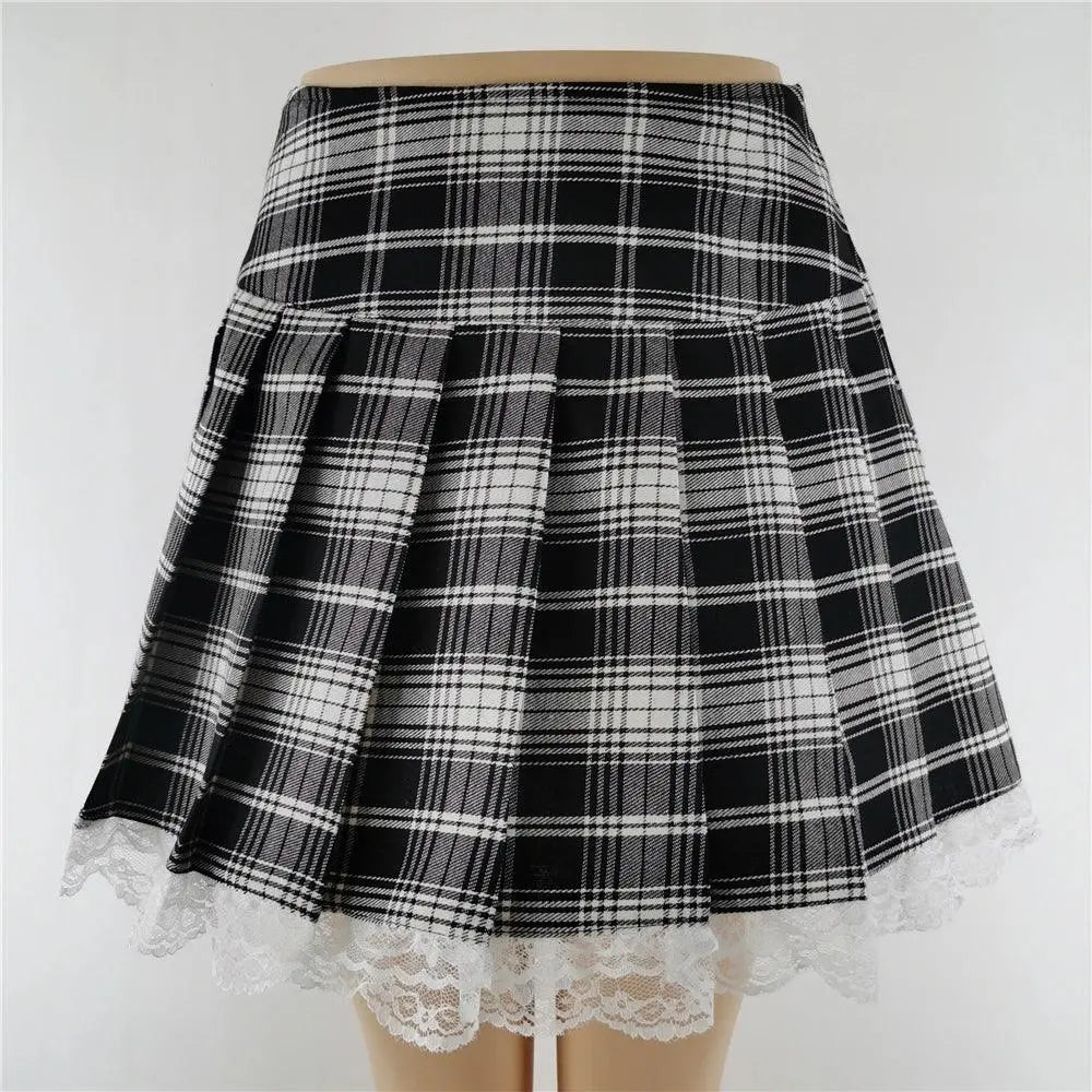 FICHOR Mall Goth Gothic Lace Ruffle Mini Skirts Womens Harajuku Fairy Grunge Pink Plaid Pleated Skirt Japanese Lolita Streetwear - SS69