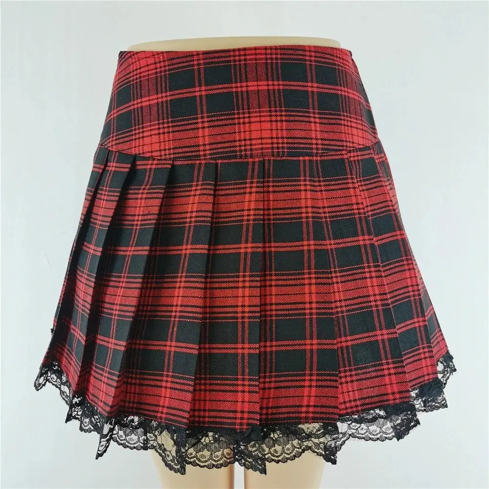 FICHOR Mall Goth Gothic Lace Ruffle Mini Skirts Womens Harajuku Fairy Grunge Pink Plaid Pleated Skirt Japanese Lolita Streetwear - SS69