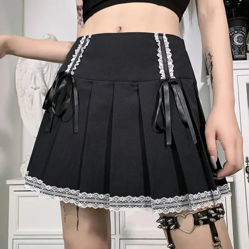FICHOR Mall Goth Gothic Lace Ruffle Mini Skirts Womens Harajuku Fairy Grunge Pink Plaid Pleated Skirt Japanese Lolita Streetwear - SS69