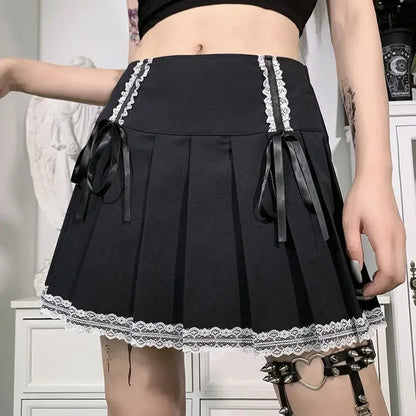 FICHOR Mall Goth Gothic Lace Ruffle Mini Skirts Womens Harajuku Fairy Grunge Pink Plaid Pleated Skirt Japanese Lolita Streetwear - SS69